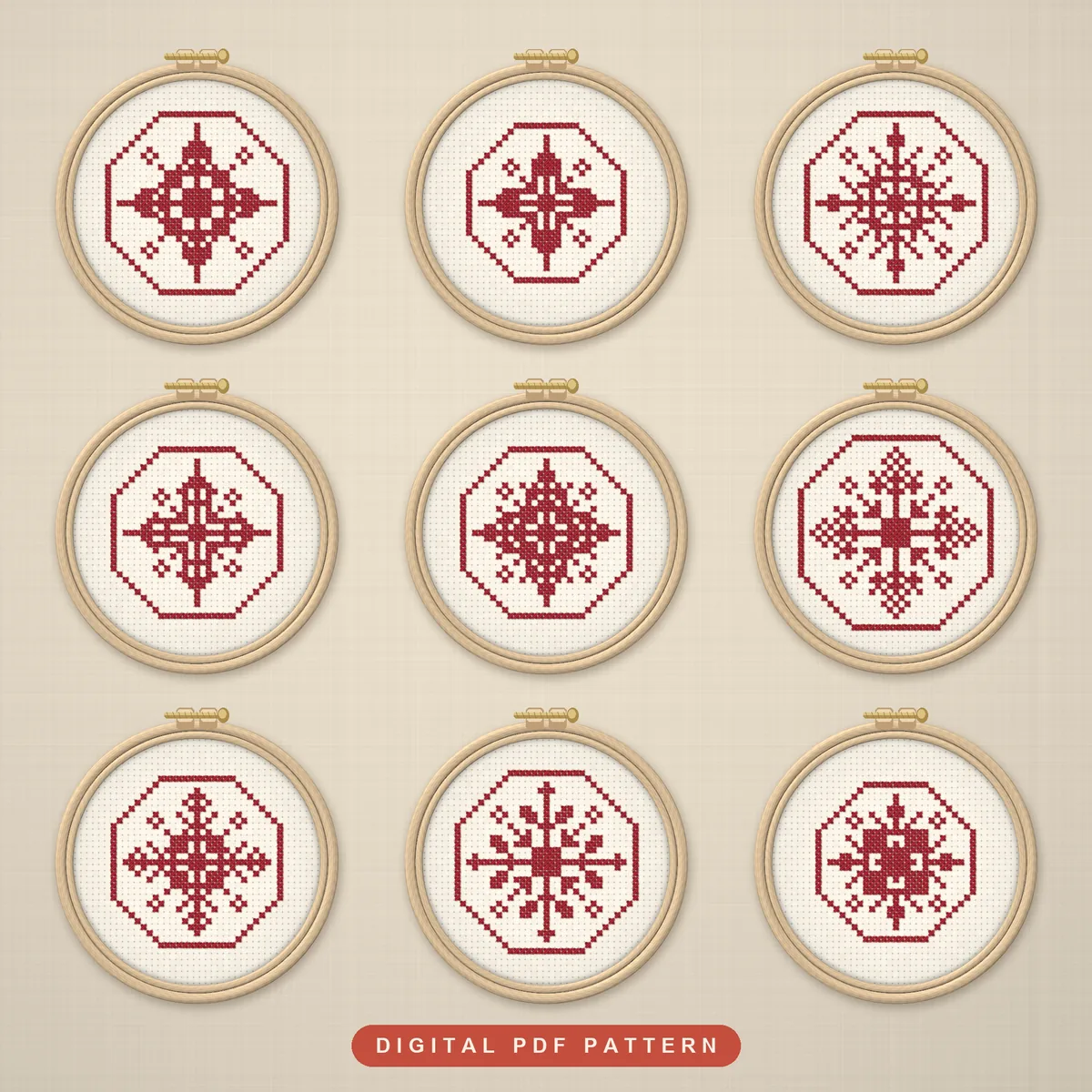 9 Lacy Nordic Red Snowflakes in Octagons: hoops