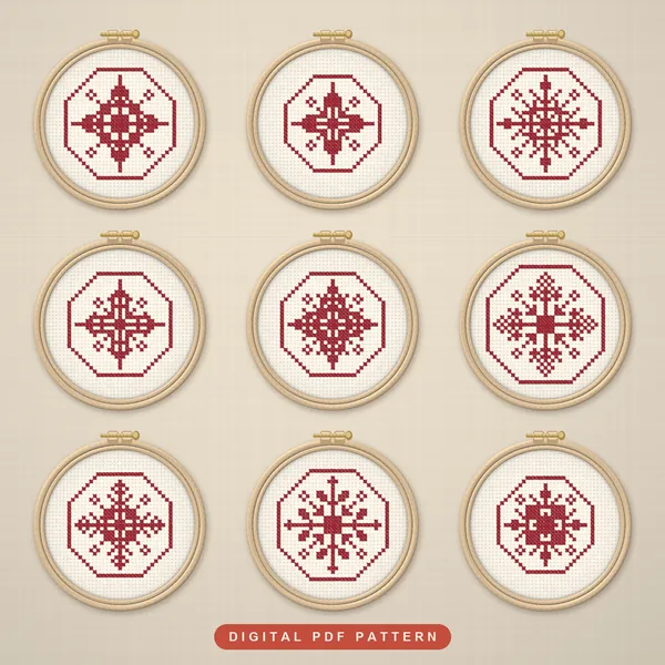 9 Lacy Nordic Red Snowflakes in Octagons: hoops
