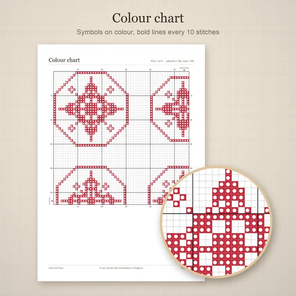 9 Lacy Nordic Red Snowflakes in Octagons: colour chart