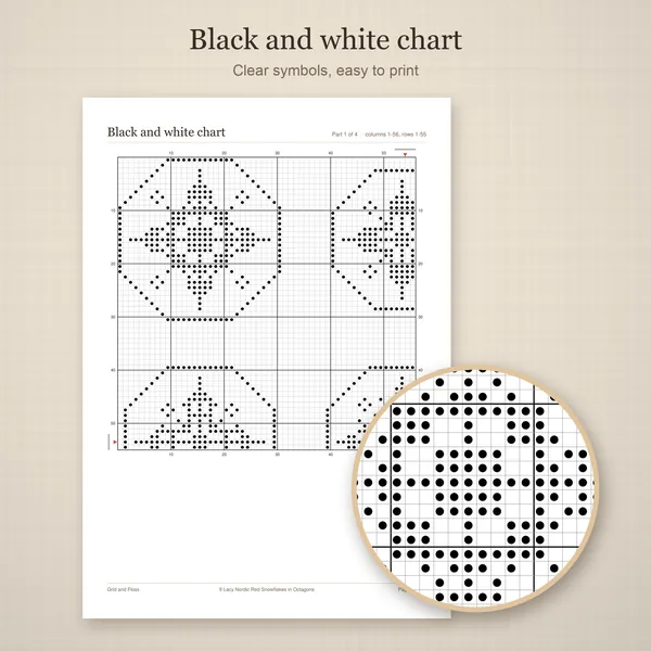 9 Lacy Nordic Red Snowflakes in Octagons: bw chart