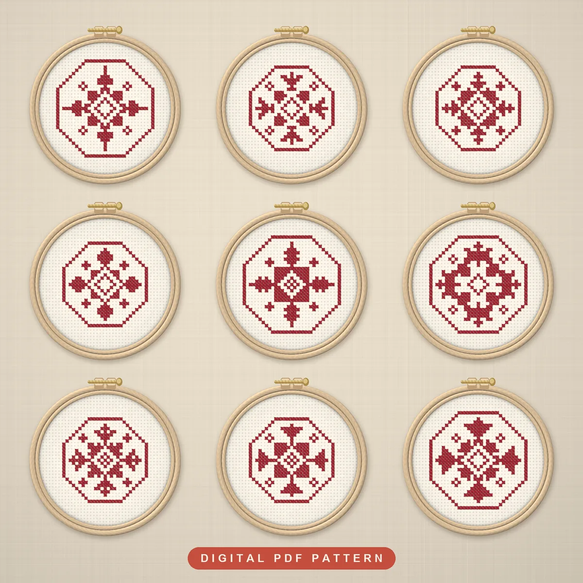 9 Bold Nordic Red Snowflakes in Octagons: hoops