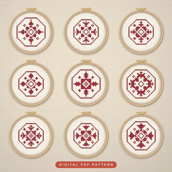 9 Bold Nordic Red Snowflakes in Octagons: hoops