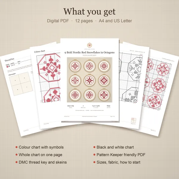 9 Bold Nordic Red Snowflakes in Octagons: whats included