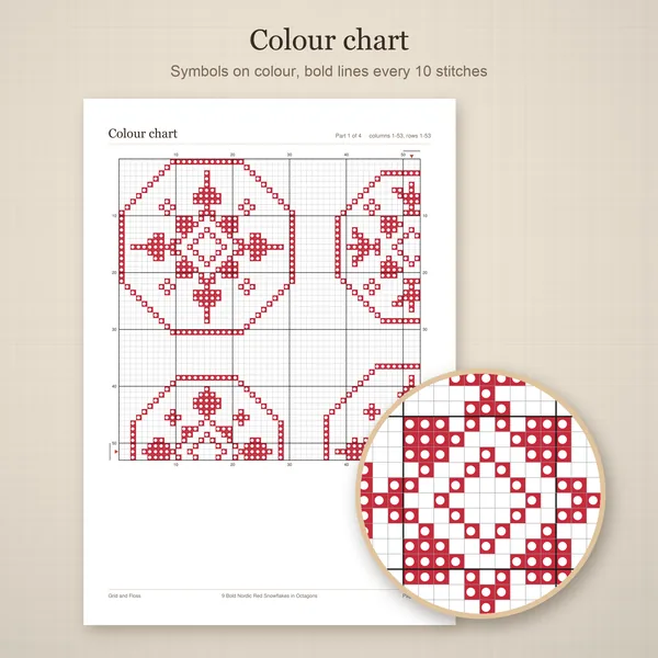 9 Bold Nordic Red Snowflakes in Octagons: colour chart