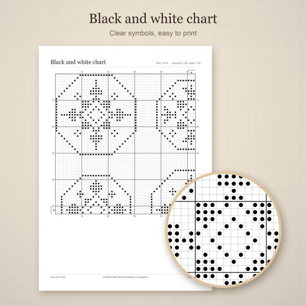 9 Bold Nordic Red Snowflakes in Octagons: bw chart