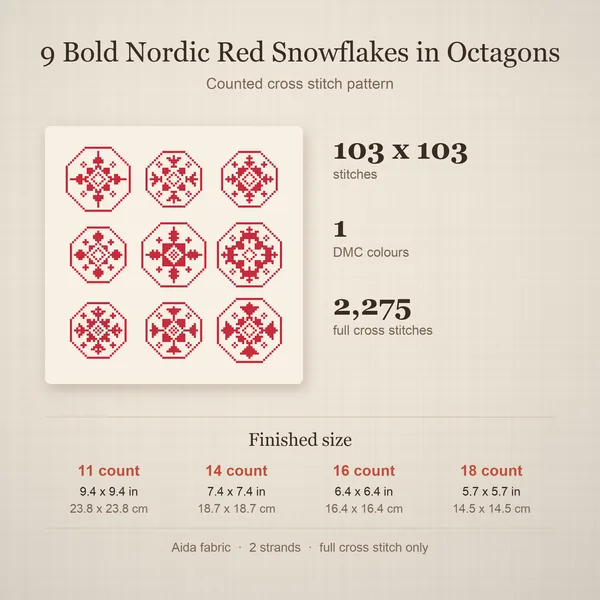 9 Bold Nordic Red Snowflakes in Octagons: details